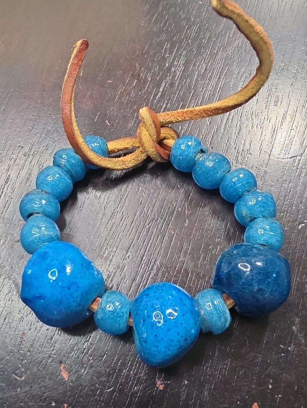 Blue Ceramic Bead Bracelet with Leather Tie